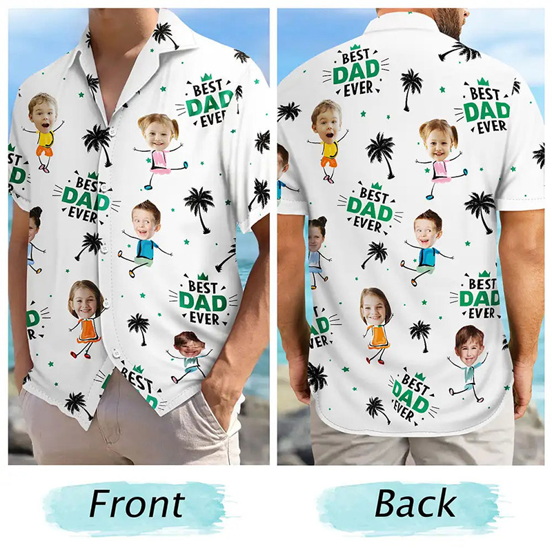 ]Personalized Photo Best Dad Ever Coconut Palm Custom Hawaiian Shirt with 1-10 Kids Photo Dad Gifts