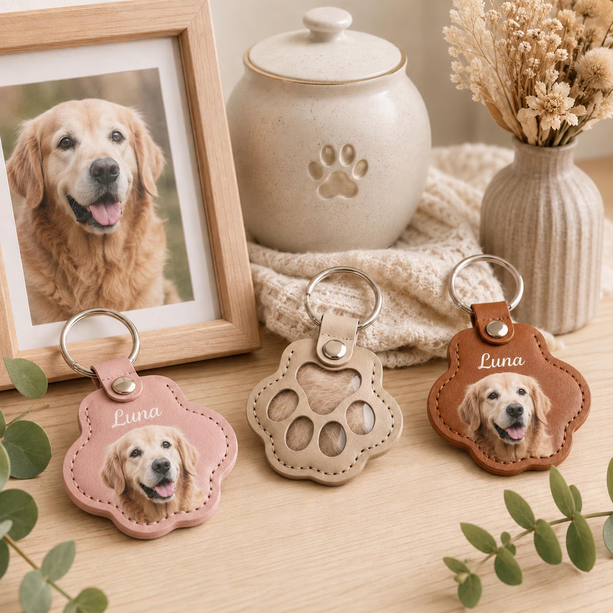 Personalized Pet Fur Keepsake Keychain Custom Dog Cat Memorial Keyring, Pet Hair Holder Paw Print Photo Charm Pet Loss Gift