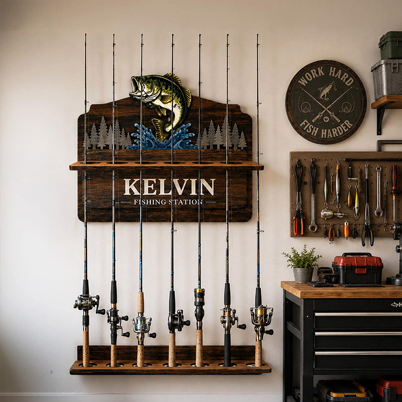 Personalized Reel Cool Dad Fishing Rod Holder Custom Angler Gift for Dad Wooden Fishing Pole Organizer Fisherman Wall Decor Bass Fishing Station Sign