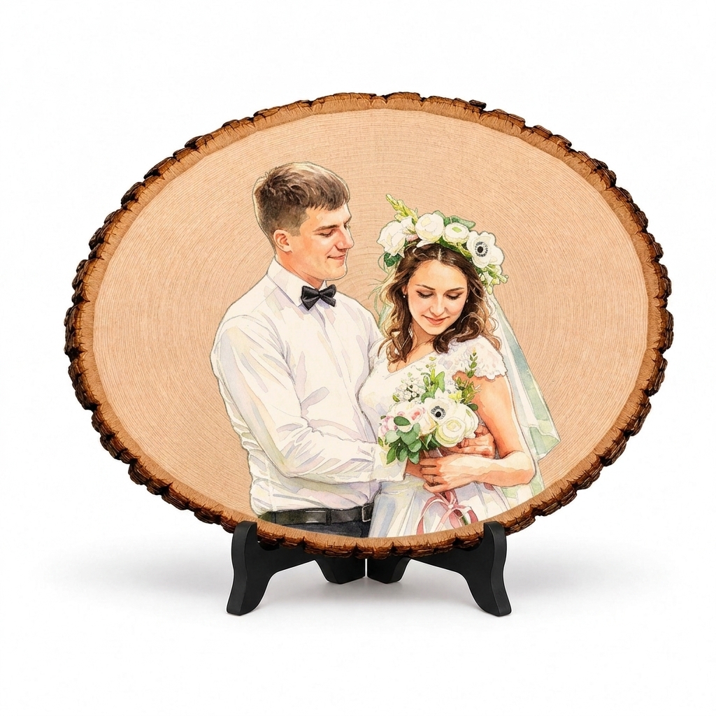 Personalized Photo Engraving Basswood Keepsake Custom Watercolor Photo Art on Wood Slice Engraved Log Slice Gift for Couple Photo Gift for Her Him