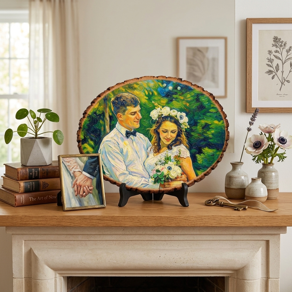 Personalized Painting Photo Engraving Basswood Keepsake Custom Photo Art on Wood Slice Engraved Log Slice Gift for Couple Photo Gift for Her Him
