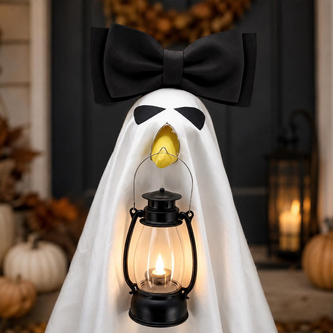Porch Goose Halloween Costume for 23 Inch Goose White Ghost Cover with Pink Bow and LED Lantern Outdoor Fall Decor Gift