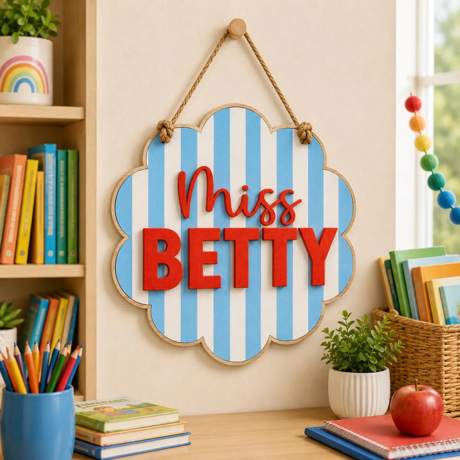 Personalized Teacher Door Sign Scalloped Striped Wooden Name Plaque Custom Classroom Decor Back to School Teacher Gift