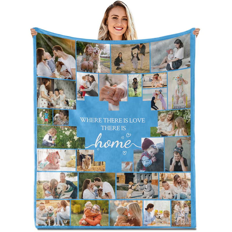 Personalized Photo Collage Flannel Blanket Custom Family Keepsake Beige Heart More than 20 Pictures
