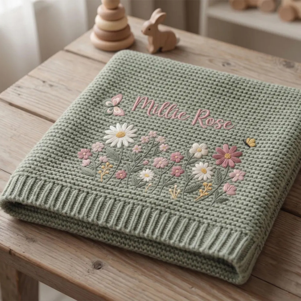 Personalized Floral Embroidered Baby Blanket Custom Name Knitted Throw Welcome Baby Blanket Nursery Keepsake