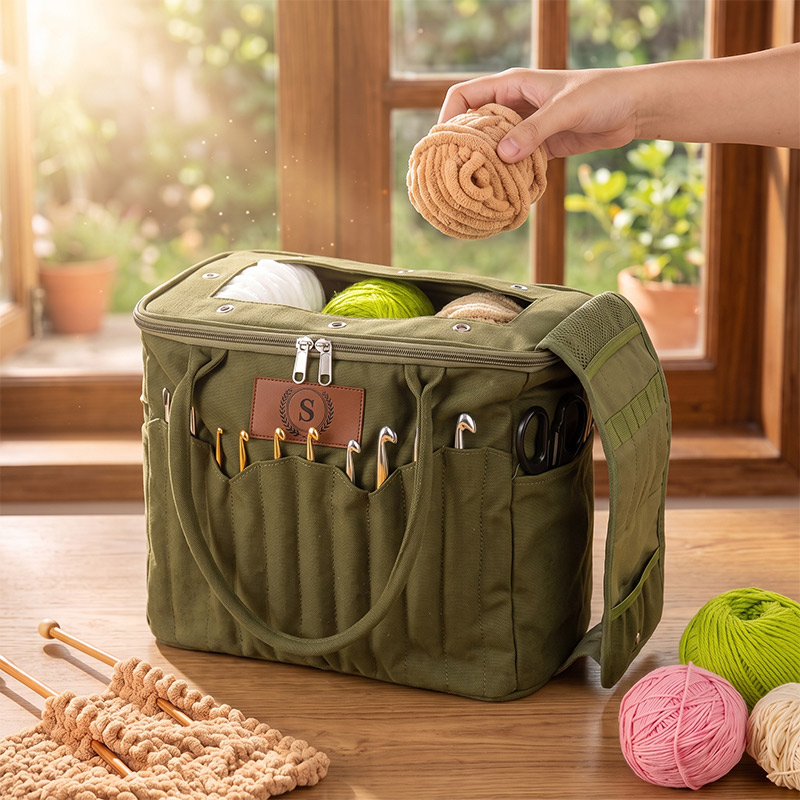 Personalized Monogram Large Canvas Yarn Storage Bag with Needle Pockets and Handle Crochet Knitting Accessories Birthday Gift for Craft Lovers
