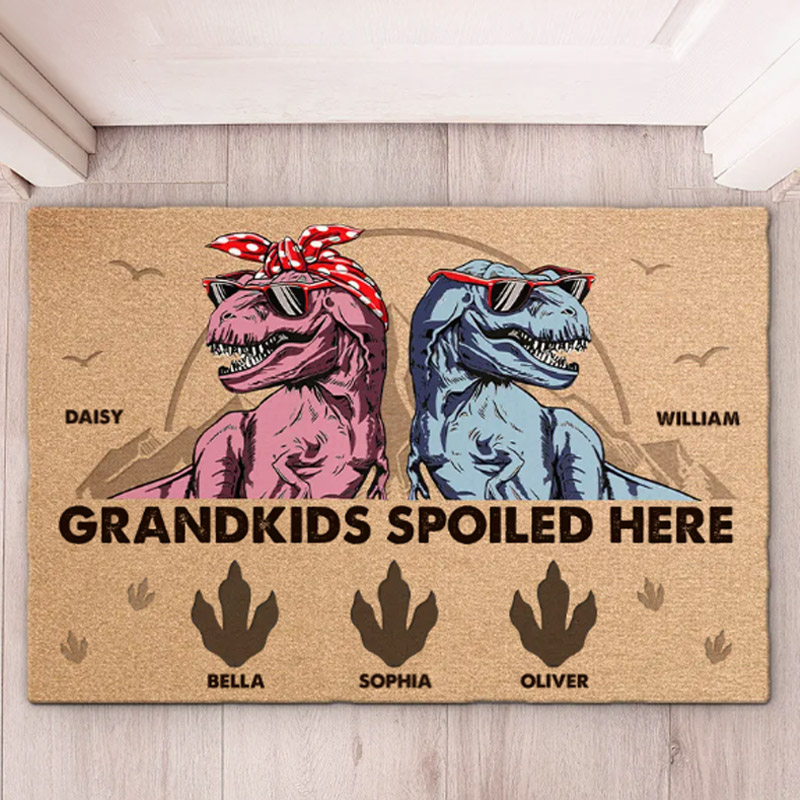 Personalized Grandkids Spoiled Here Doormat with Names Custom Home Decor Decorative Mat Gift for Grandpa Grandma