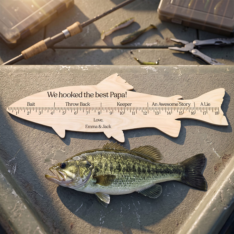 Personalized We Hooked the Best Dad Fish Ruler Wood Fish Ruler with Kids Name Eengraved Custom Birthday Gift for Dad Gift for Grandpa Dad Fishing Gift