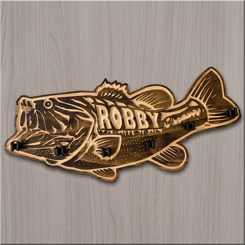 Personalized Bass Fishing Rod Holder for Dad Engraved Solid Wood Wall Mount Organizer with Name Birthday Gift for Dad Grandpa Fishing Lovers