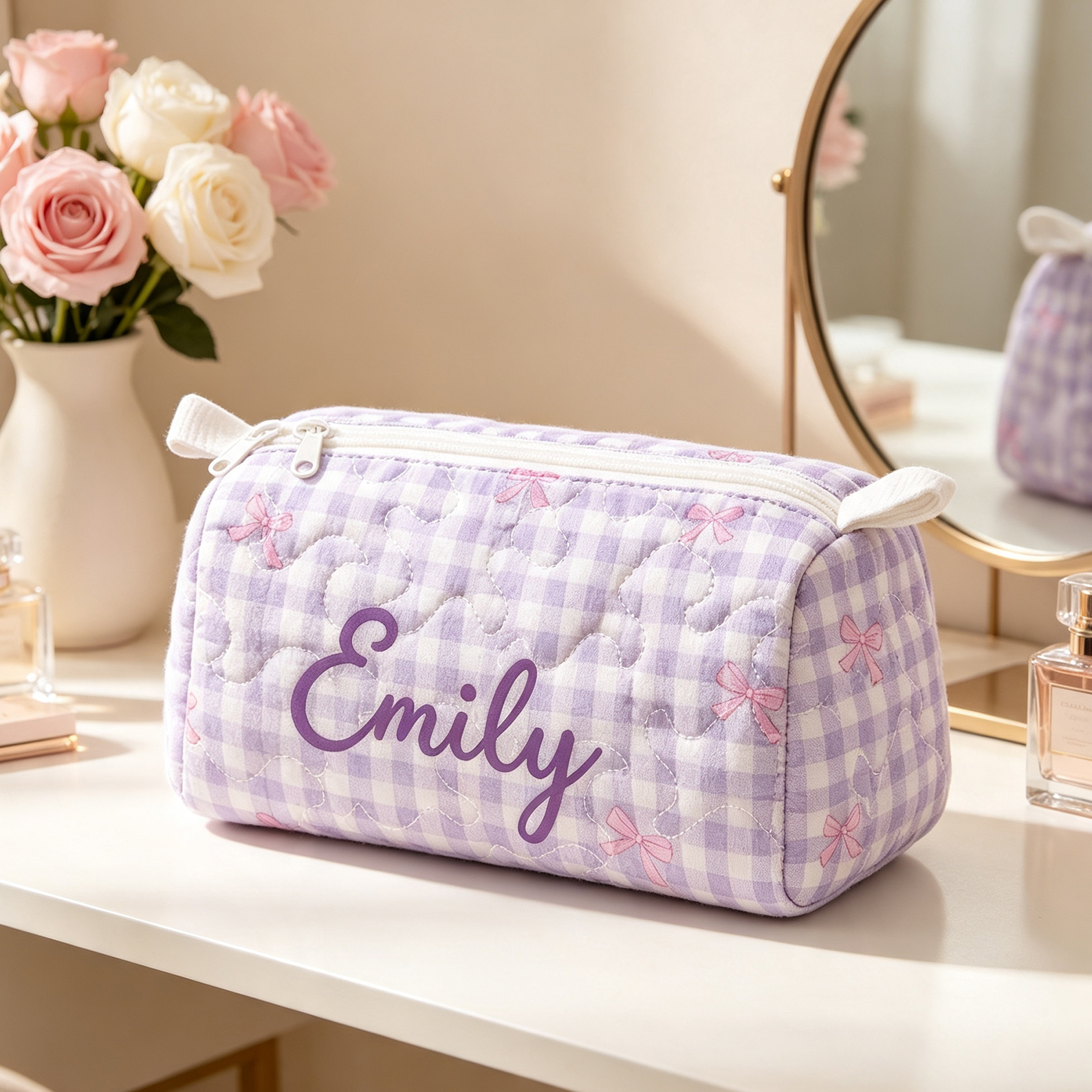Personalized Quilted  Makeup Bag Custom Name Cosmetic Bag Quilted Toiletry Pouch Gift for Her