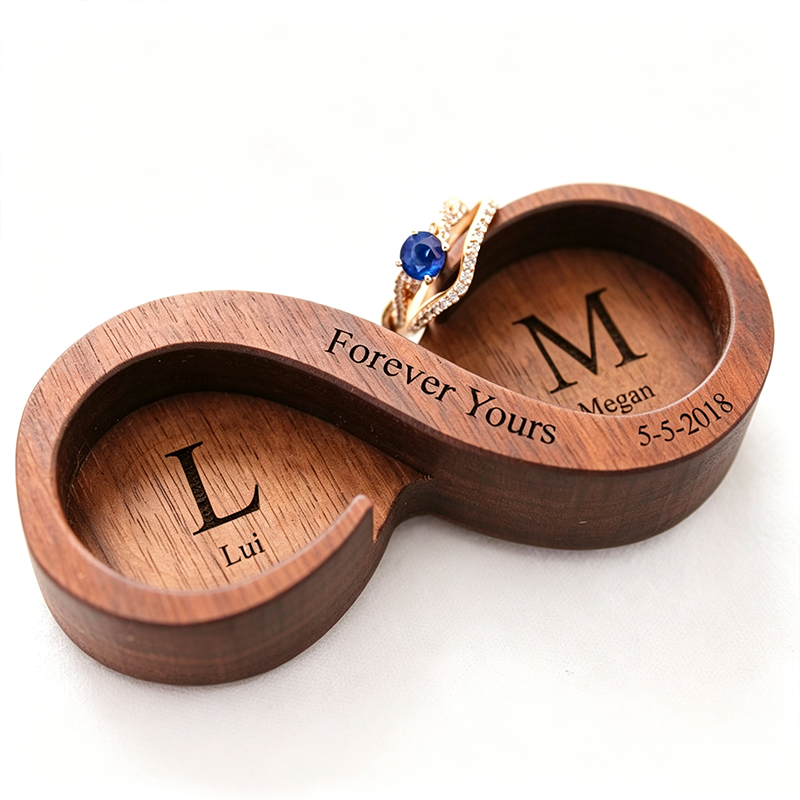 Personalized Infinity Walnut Wooden Ring Dish, Wedding Month Flower Ring Holder, Valentine’s Day Gift, Wedding, Engagement, Anniversary Gift for Her