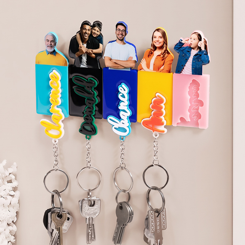 Personalized Acrylic Name Keychain with Photo Family Wall Key Holder Set House Decor Birthday Housewarming Gift for Family