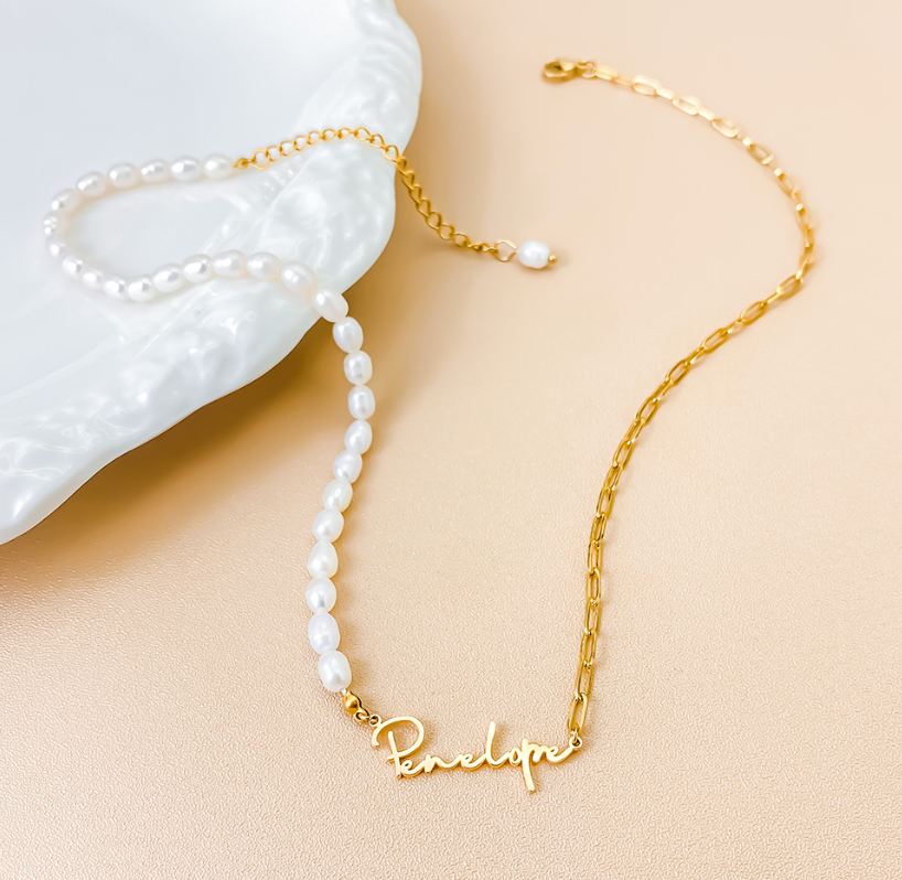 Personalized Pearl Name Necklace for Her Girlfriend Valentine's Day Gift Delicate Pearl & Paperclip Chain Necklace Anniversary Name Jewelry Necklace for Women Birthday Gift for Women