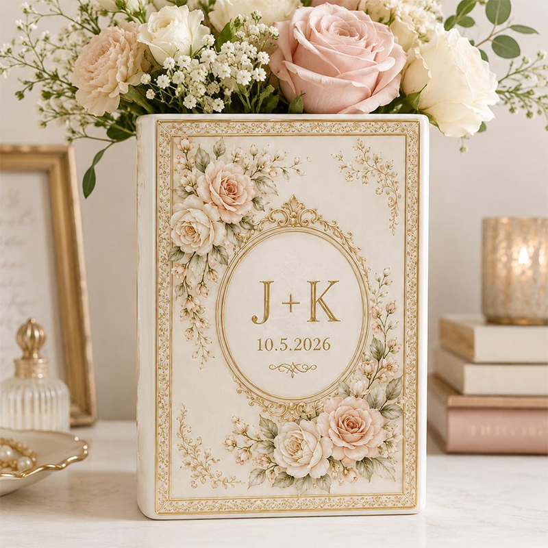 Personalized Ceramic Book Vase, Custom Wedding Book Flower Vase, Couple Anniversary Gift, Literary Home Decor, Bridal Shower Keepsake