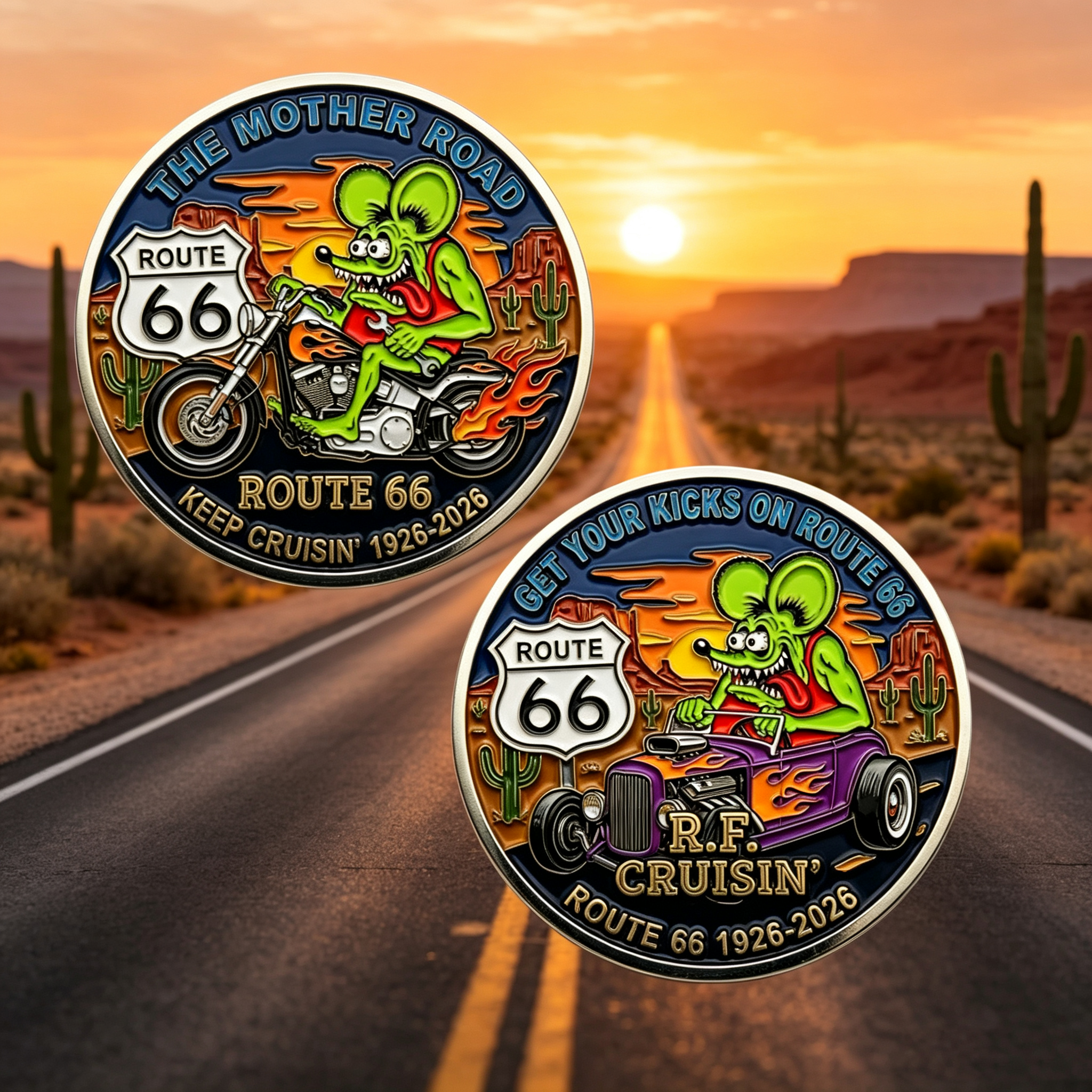 Route 66 100th Anniversary Rat Fink Challenge Coin 1926-2026,Vintage Hot Rod & Motorcycle Enamel Collectible Coin