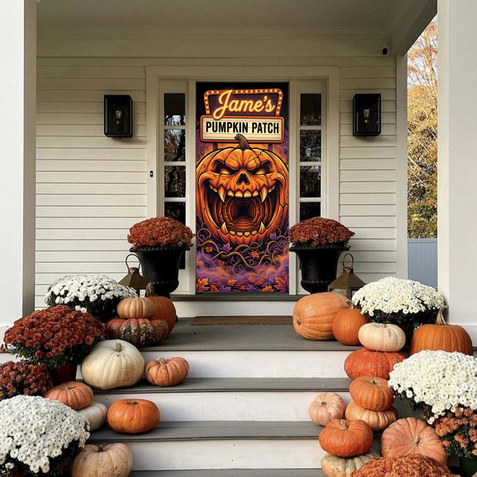 Personalized Halloween Pattern Banner Door Cover with Name Home Decor Halloween Party Gift for Family Friend