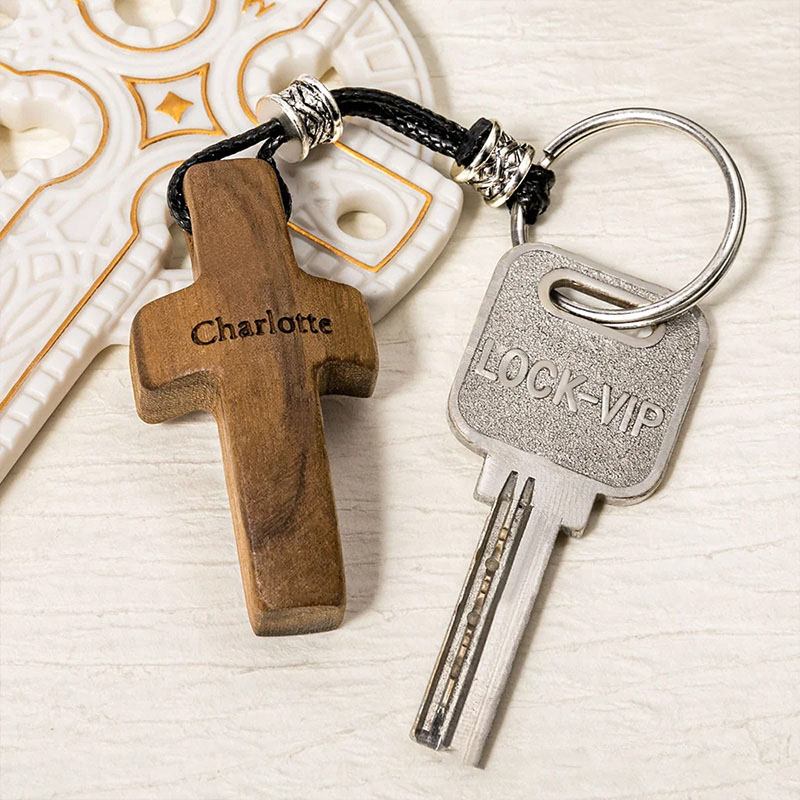 Personalized Wooden Cross Heart Keychain with Initial and Name Engraving Religious Gift Birthday Gift for Christians