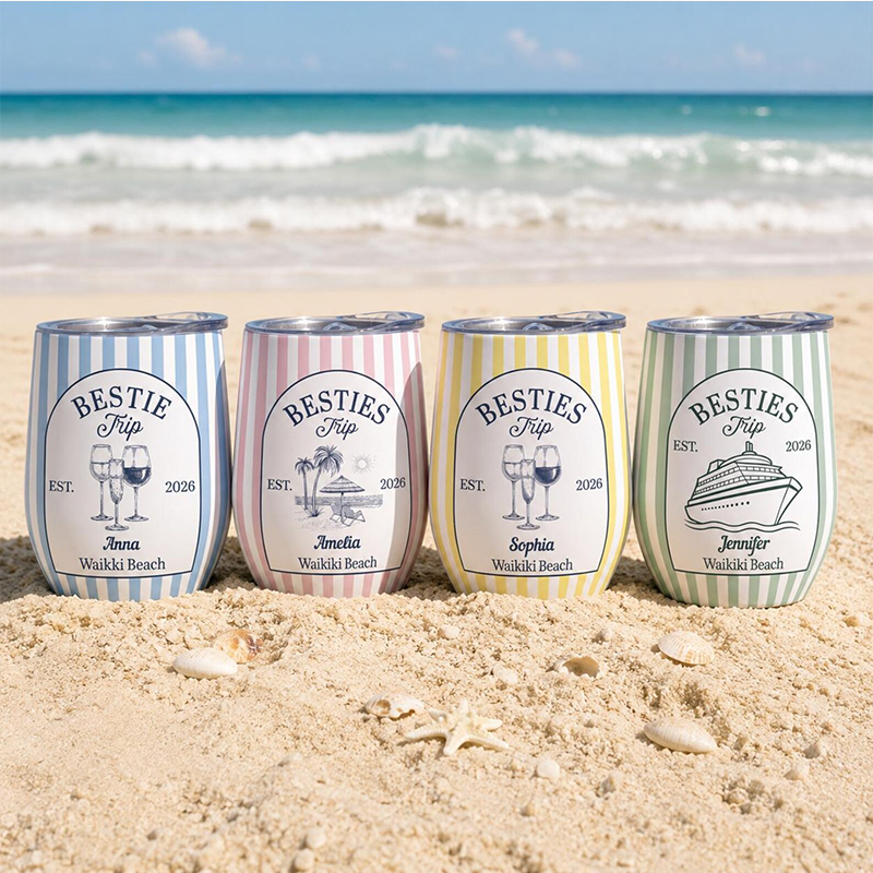 Personalized Bestie Trip 2026 Wine Tumbler, Custom Beach Vacation Cup, Matching Group Travel Gift, Summer Friends Keepsake