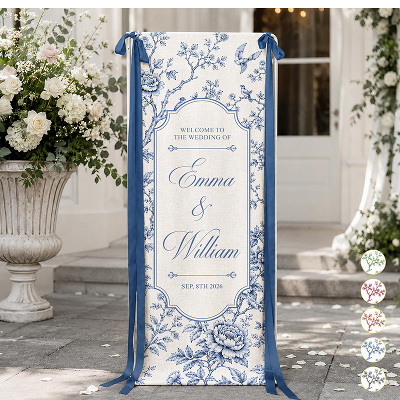 Personalized Toile De Jouy Wedding Sign, Personalized Fabric Welcome Sign, Custom Name Banner for Wedding Ceremony, Reception Decor Gift