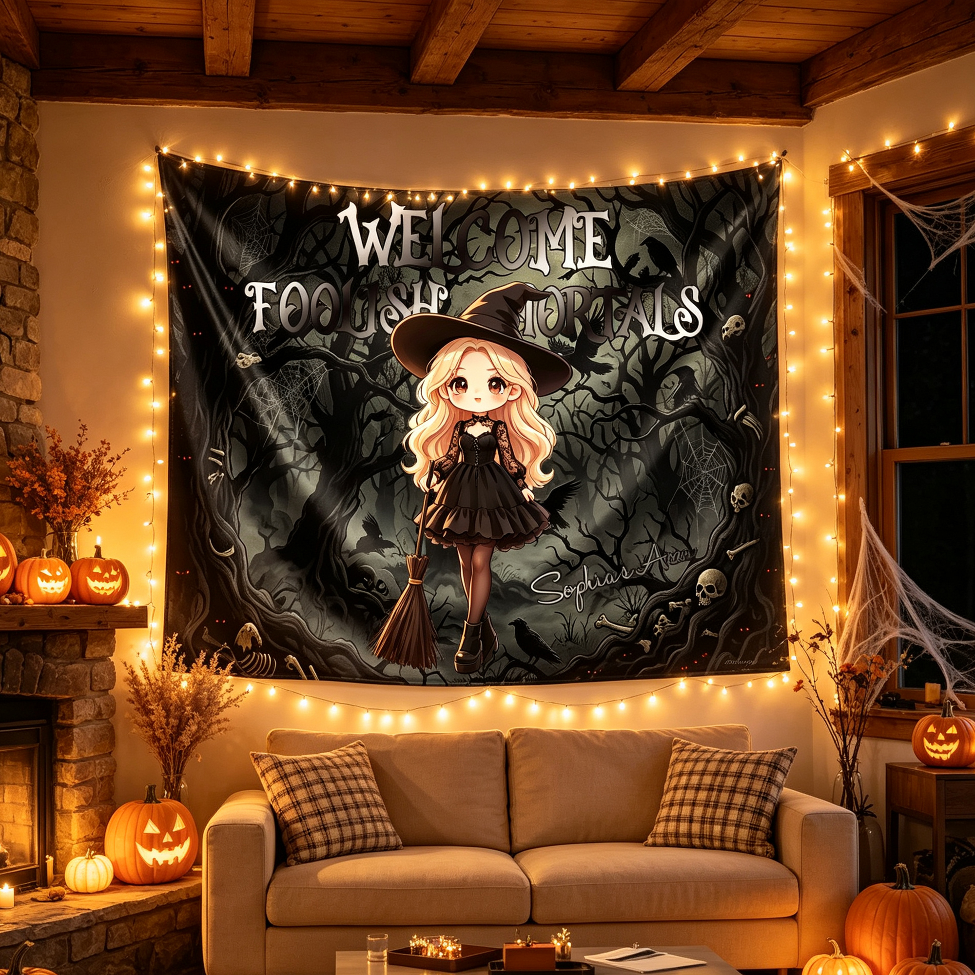 Personalized Halloween Design Tapestry with Cute Character Name Halloween Wall Decor Gift for Family