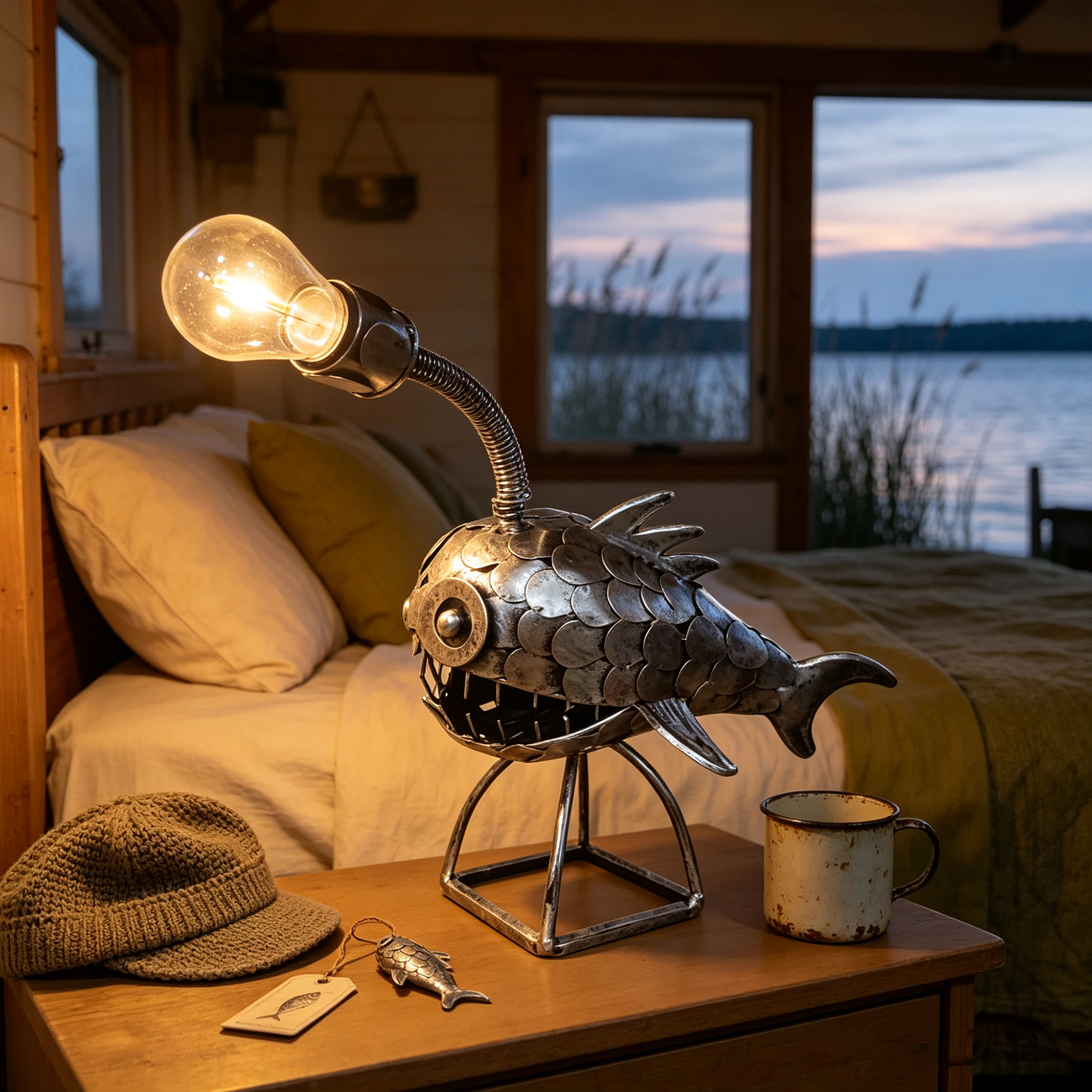 Retro Angler Fish Table Lamp Vintage Metal Work Desktop Lamp for Fishing Lovers