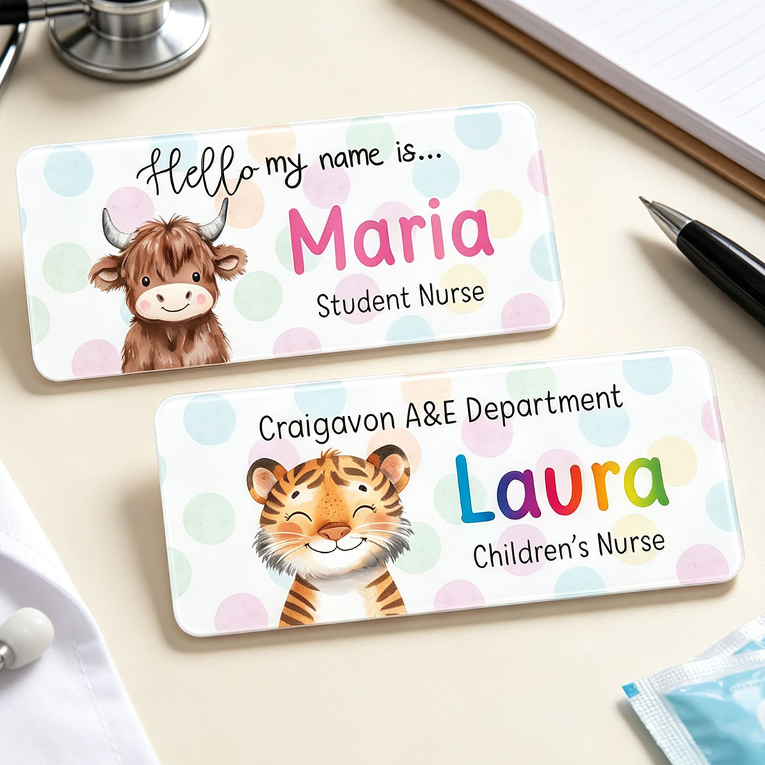 Cute Animal Polka dot Name Badge Nurse Doctor Student Midwife  Hospital