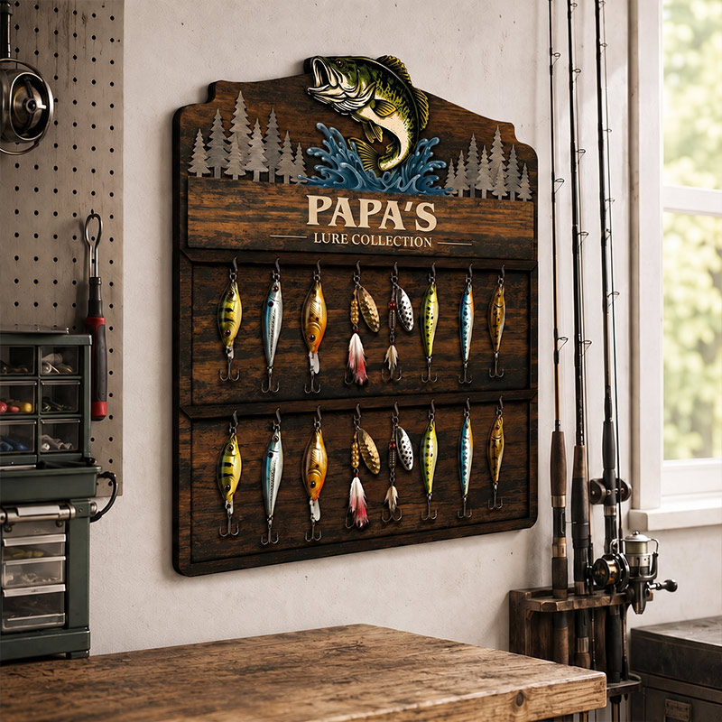 Personalized Reel Cool Dad Fishing lure Collection Holder Custom Fisherman Gift for Dad Uncle Grandpa Wooden Fishing Pole Organizer Bass Fish Wall Decor