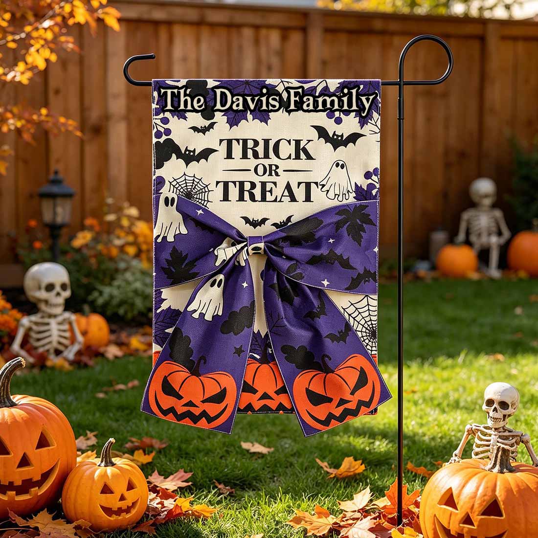 Personalized Halloween Ghost Garden Flag Custom Family Name with Pumpkins Bats & 3D Bow Festive Yard Decor