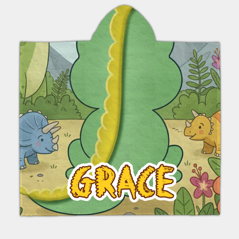 Personalized Imaginative Dinosaur Adventure Hooded Blanket Custom Name Practical Fun Gift for Kids Indoor Outdoor