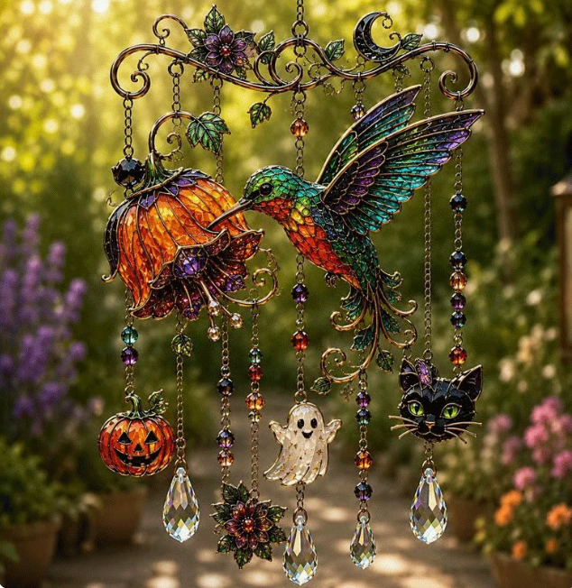 Halloween Witch Hat Suncatcher Wind Chime, Stained Glass Style Window Decor, Gothic Porch Hanging Gift for Witchy Fall Party Homes