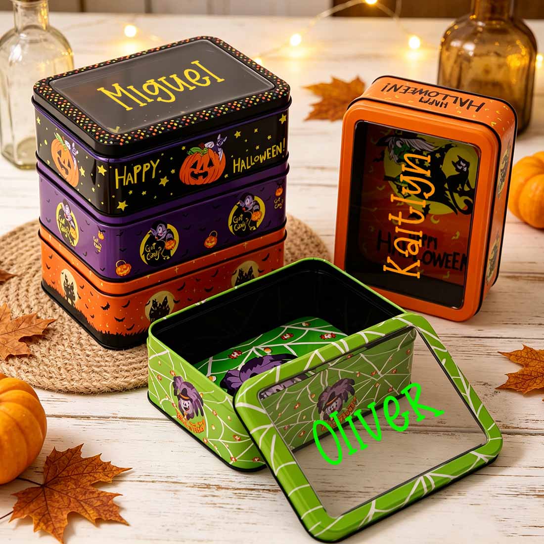 Personalized Halloween Candy Tin Box Custom Name Cookie & Treat Container with Window Lid Spooky Gift Box for Kids