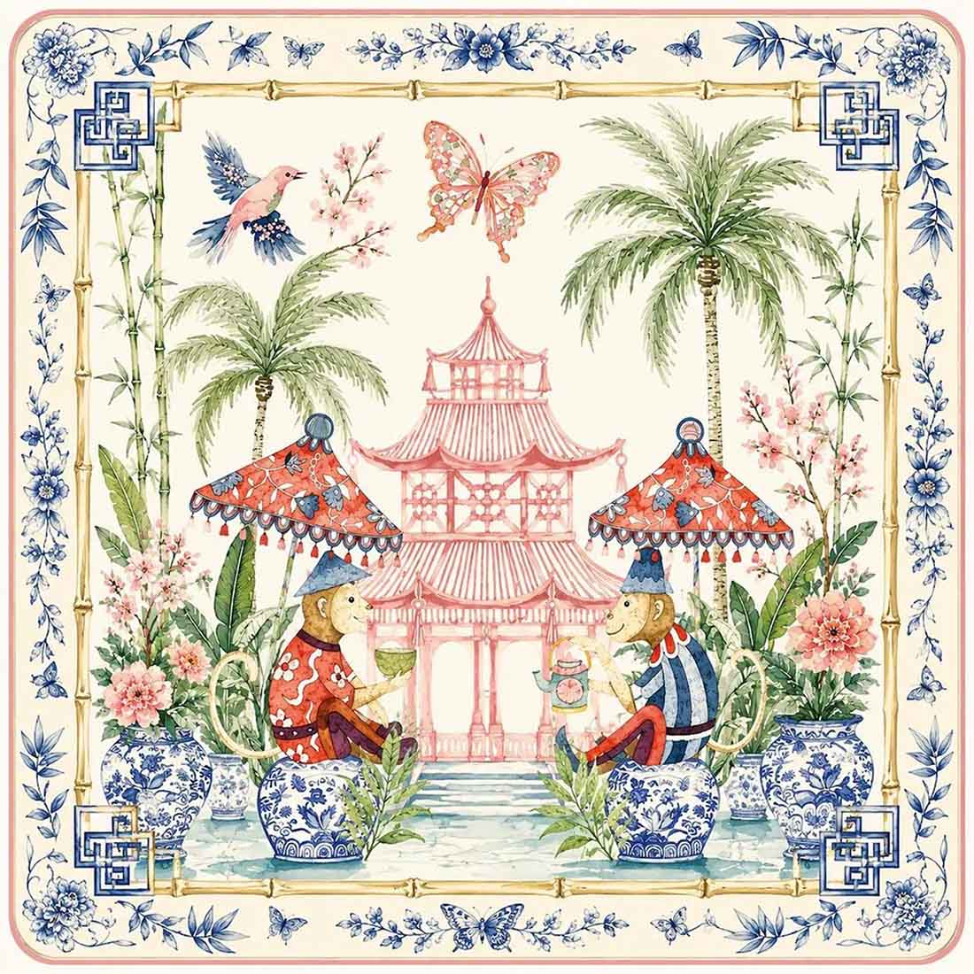 Chinoiserie Monkey Mahjong Mat Pink Pagoda Garden Game Mat Blue White Ginger Jar