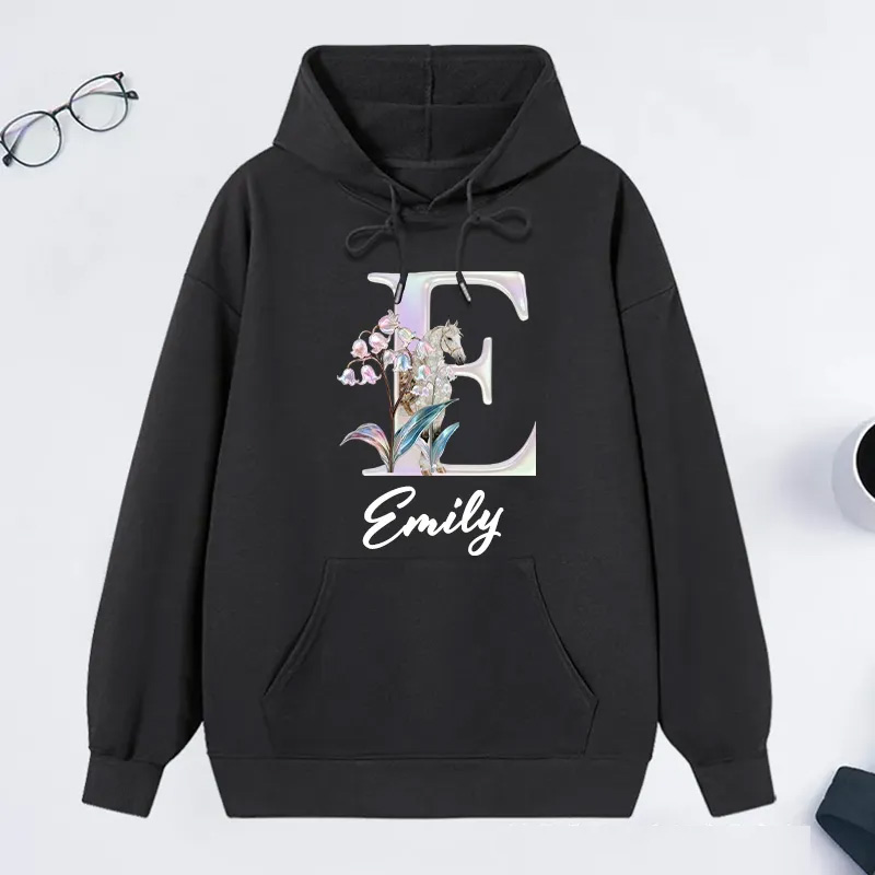 Personalized Horse Riding Birth Flower Initial Hoodie with Name Birthday Gift Sweatshirt for Horse Lovers Riding Lovers Equestrian Lovers