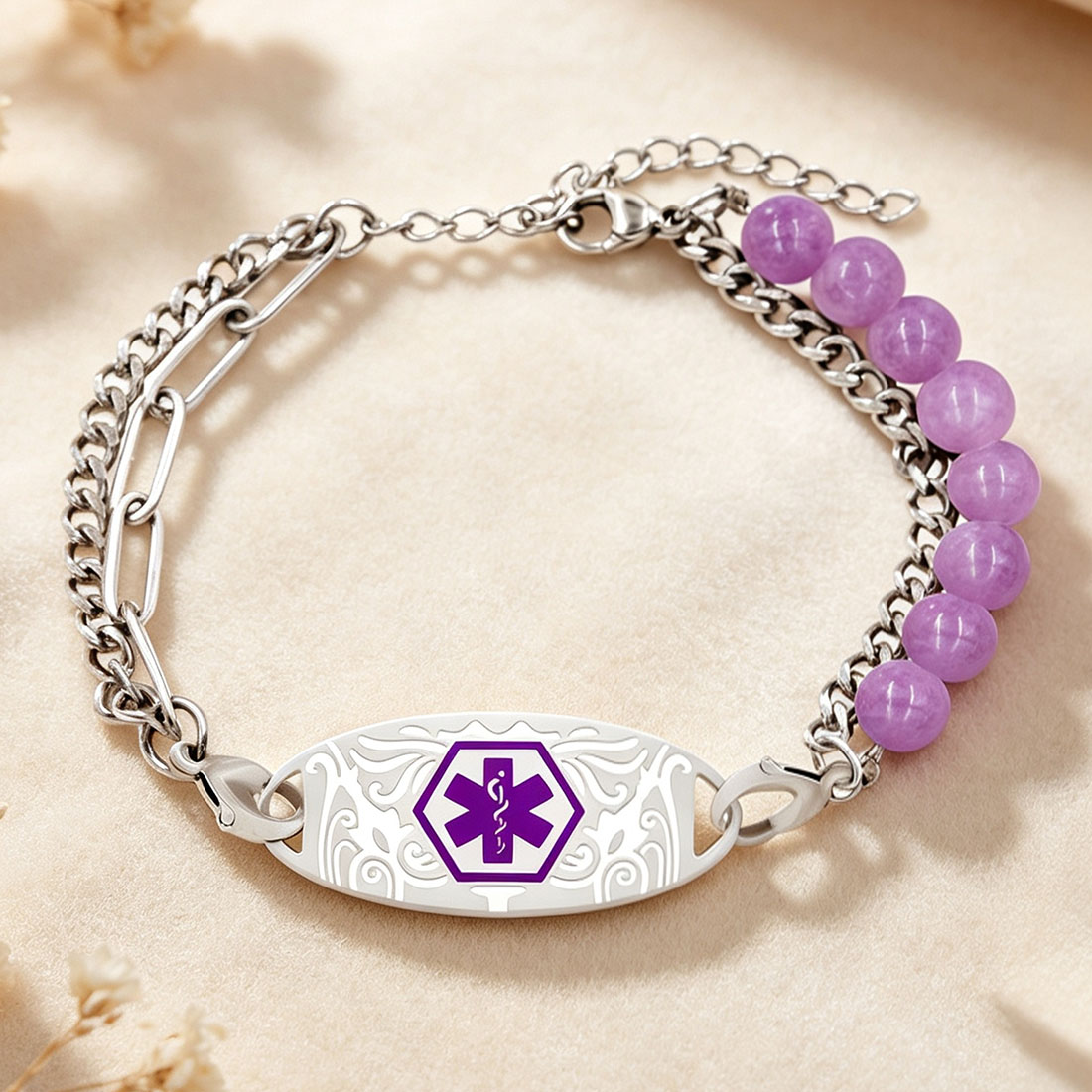 Personalized Medical Emergency Alert ID Beaded Bracelet with Engraved Text First Aid for Allergy Diabetic Women