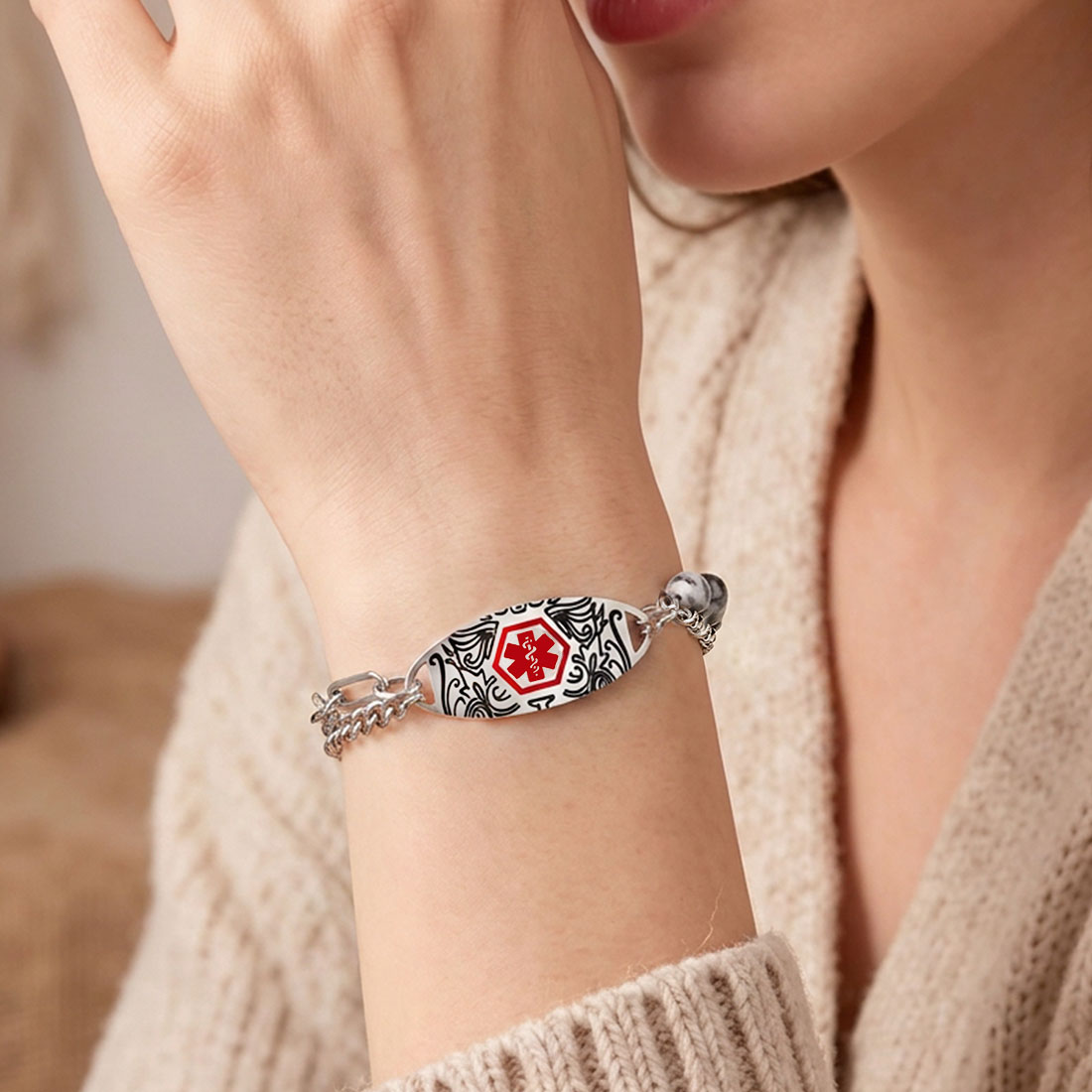 Personalized Medical Emergency Alert ID Beaded Bracelet with Engraved Text and Title Emergency Jewelry Care Gift for Breast Cancer Woman