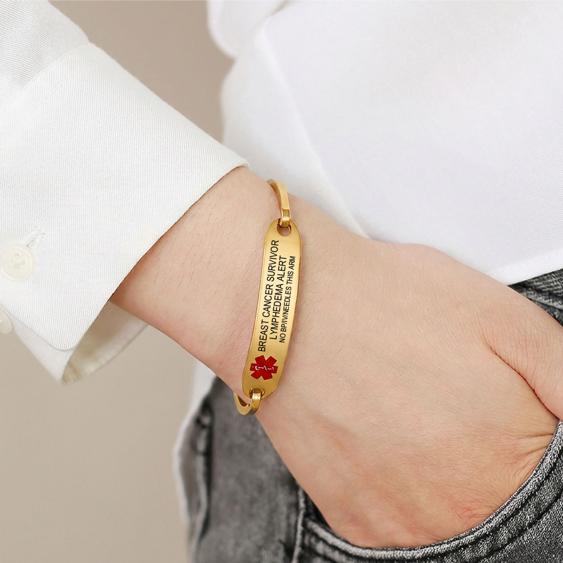 Personalized Star of Life Medical Alert ID Bracelet Emergency Jewelry Care Gift for Breast Cancer Woman