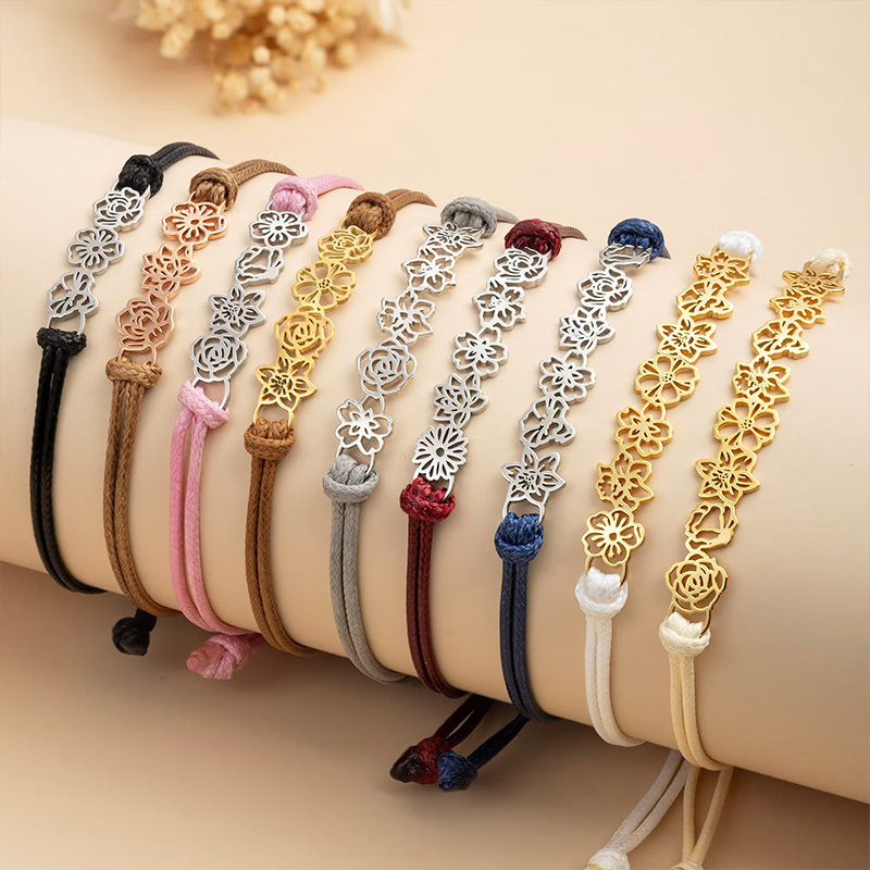 Personalized Minimalist Adjustable 1-8 Birth Flower Waxed Line Bracelet Charm Jewelry Birthday Mother's Day Christmas Gift for Family Mom Grandma Gift
