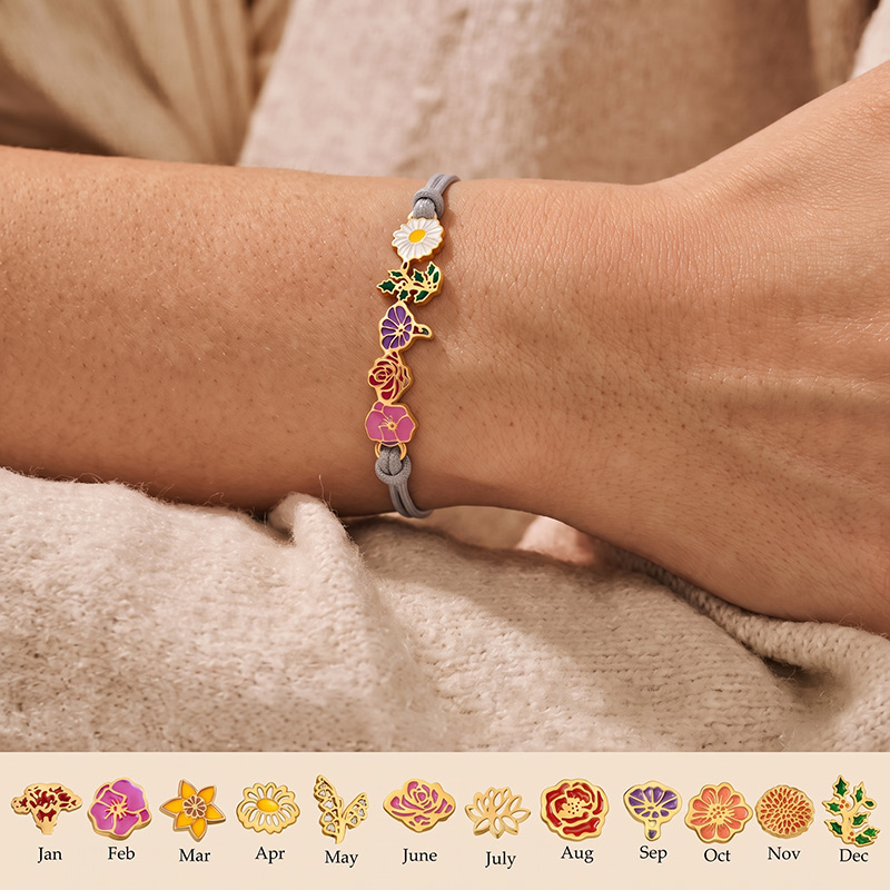 Personalized Birth Flowers Bracelet 1-8 Flowers Dainty Jewelry Adjustable Bracelet Birthday Mother's Day Gift for Family Mom Grandma Gift