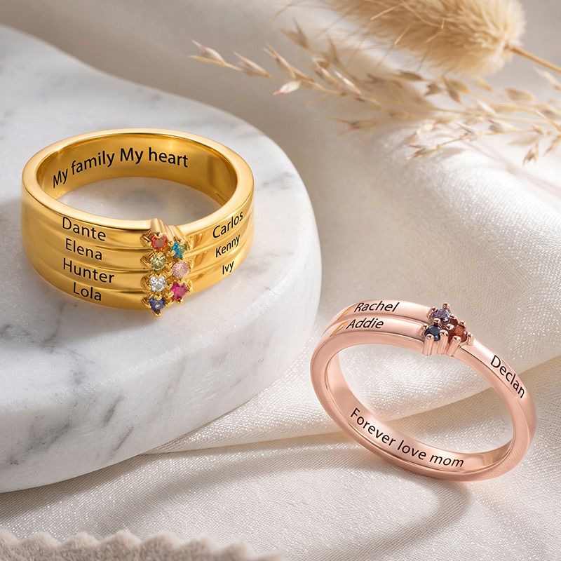 Personalized 1-8 Birthstones Ring with Engraved Name Dainty Women Jewelry Birthday Mother's Day Gift for Mom Grandma