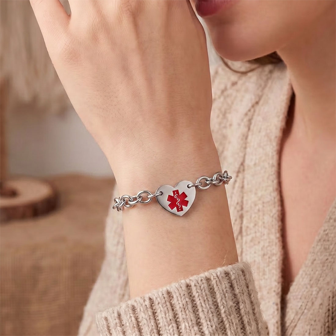 Personalized Star of Life Medical Alert ID Emergency Bracelet with Engraved Text Gift for Allergy Cancer Diabetic Women