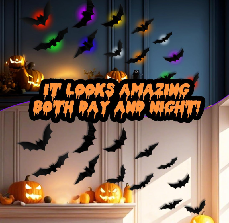 Halloween LED Light Bat Wall Stickers 48Pcs 3D Black Bats + 12 Color‑Changing Night Lights, Spooky DIY Wall Decor for Home Window Porch Halloween Party Decoration