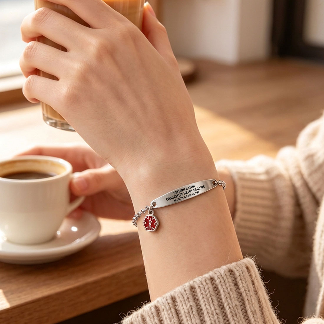 Personalized Star of Life Medical Alert ID Emergency Bracelet with Engraved Text Gift for Breast Cancer Diabetic Women