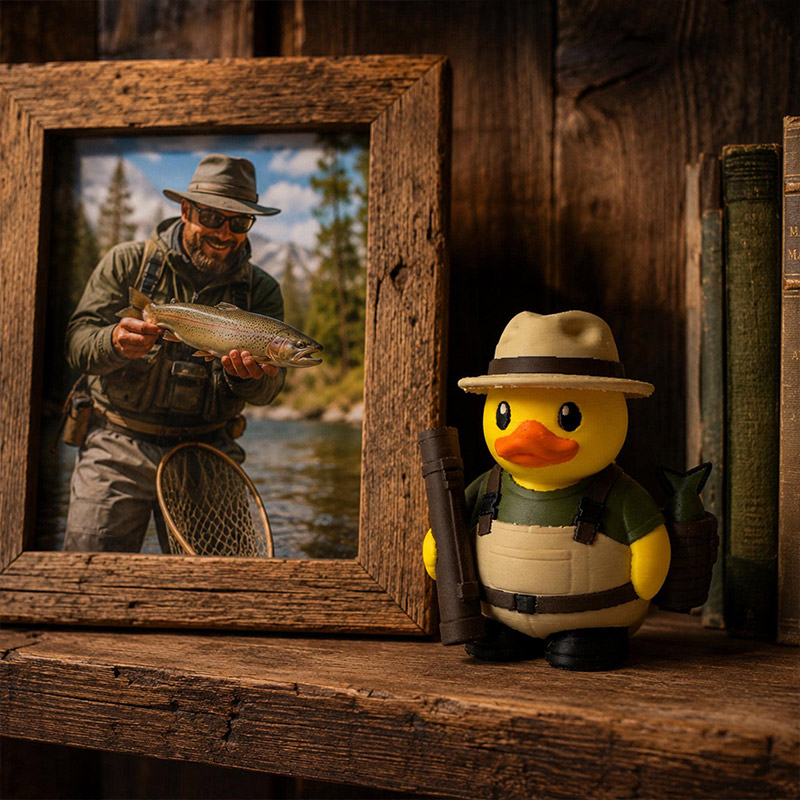 Personalized Fly Fishing Duck Decor Cabin Gift Fisherman Desk Ornament Tackle Box Shelf Accessory Dashboard Figurine Angler Gift Idea for Dad
