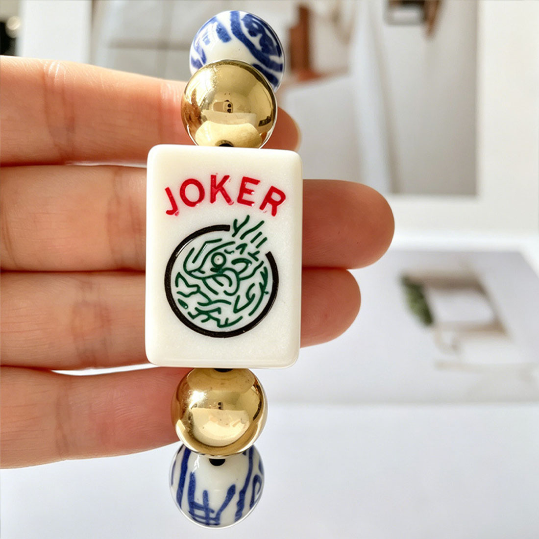 Vintage Mahjong Tile Beaded Bracelet American Mahjong Accessory with A Joker Tile