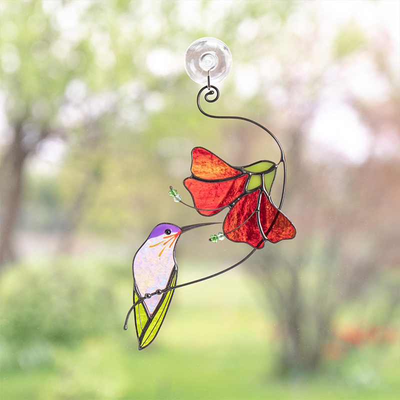 Personalized Hummingbird Stained Glass Sun Catcher Grandma Gifts Flower Stained Glass Window Hangings Gift for Mom Family