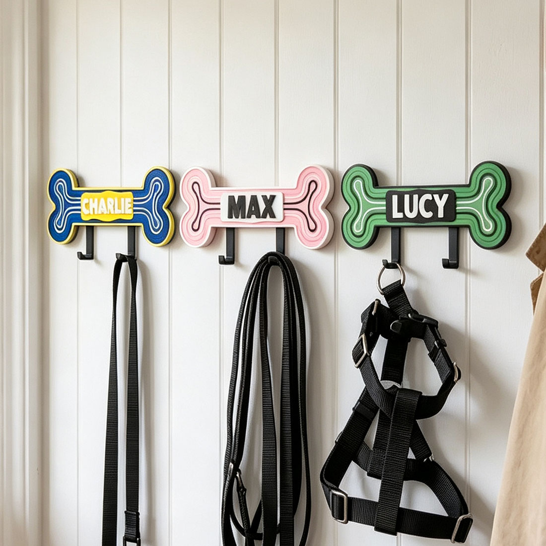 Personalized 3D Printed Bone-Shaped Pet Leash Holder with Name Home Entryway Decor Walk the Dog