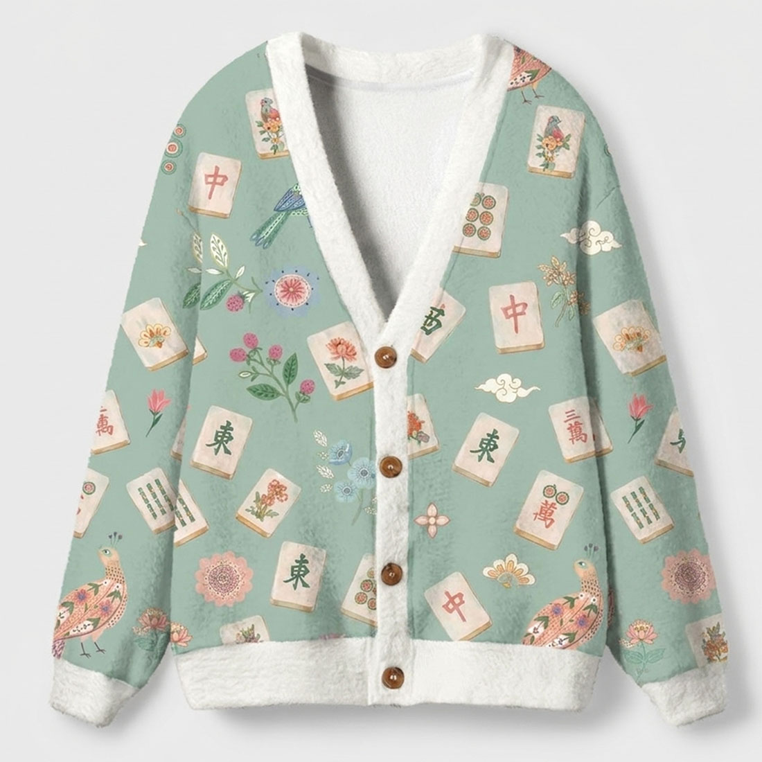 Retro Mahjong Women Light Knit Unisex Cardigan Sweaters Chinoiserie Pattern Asian Art Short