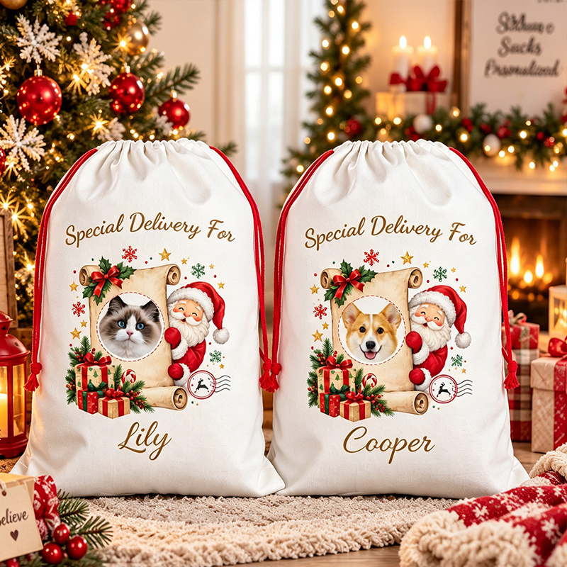 Personalized Santa Claus Sack Personalized with Pet Photo, Dog & Cat, Large Santa Bag Personalized, Christmas Eve Gift Bag, Custom Santa Sack