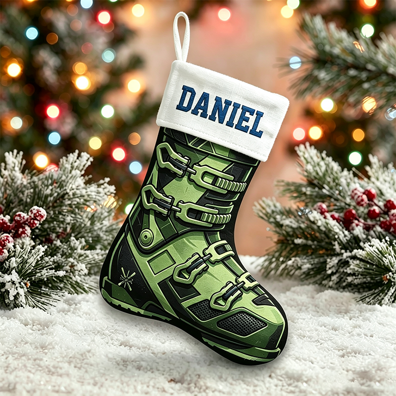 Personalized Ski Boot Christmas Stocking, Custom Name Skiing Christmas Stocking, Gift for Skiers, Winter Sports Family Holiday Mantel Decor
