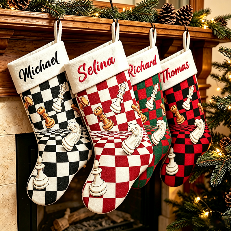 Personalized Name Chess Christmas Stocking, 3D Chess Pieces Checkerboard Pattern Custom Holiday Stocking, Customized Christmas Decor Gift for Chess Lovers, Family Christmas Mantel Decoration